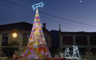 OUSENDE, PADERNE, OURENSE, GALIC, SPAIN - DECEMBER 18: A crocheted Christmas tree, on 18 December, 2023 in Ousende, Paderne, Ourense, Galicia, Spain. The village has handmade ornaments of all kinds made by the neighborhood collective. The activity attracts the attention of people from around the town who begin to visit it to see its Christmas decorations. (Photo By Rosa Veiga/Europa Press via Getty Images)
