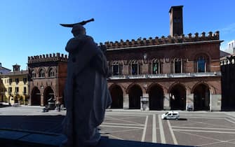 CREMONA, ITALY - MARCH 15: The Cremona's city hall view from Cathedral on March 15, 2021 in Cremona, Italy. Andrea Tinelli, horologist of the astronomical clock of the Torrazzo, has continued to work during the pandemic, carrying out essential tasks. (Photo by Roberto Serra - Iguana Press/Getty Images)