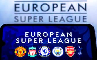 In this photo illustration, the football teams that are part of the European Super League (Manchester United, Liverpool, Chelsea, Manchester City, Arsenal and Tottenham) seen displayed on a smartphone screen. (Photo by Rafael Henrique / SOPA Images/Sipa USA)