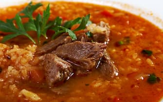 Soup Kharcho, traditional Georgian soup with meat and rice