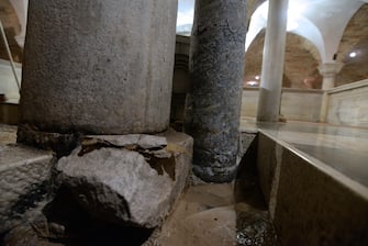 A detail of a column base of the crypt under the Basilica of San Marco, damaged by bad weather in Venice, northern Italy, 13 November 2019. A wave of bad weather has hit much of Italy on 12 November. Levels of 100-120cm above sea level are fairly common in the lagoon city and Venice is well-equipped to cope with its rafts of pontoon walkways. ANSA/ANDREA MEROLA