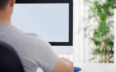Young man looking at empty computer screen, back view