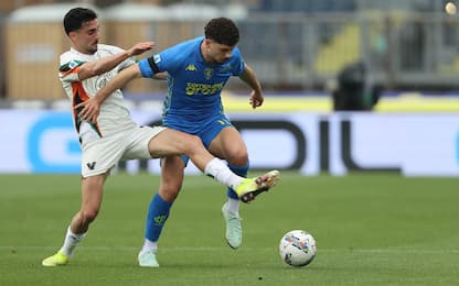 Empoli's defender Liberato Cacace (R) in action against Venezia's defender Francesco Zamopano (L) during the Italian serie A soccer match Empoli FC vs Venezia FC at Carlo Castellani Stadium in Empoli, Italy, 20 April 2025
ANSA/CLAUDIO GIOVANNINI