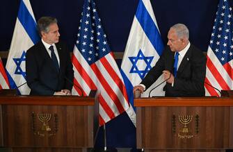 epa10914774 A handout photo made available by Israel's Government Press Office (GPO) shows Israeli Prime Minister Benjamin Netanyahu (R) and US Secretary of State Antony Blinken holding a joint press conference after a meeting at the Kirya, which houses the Israeli Ministry of Defense, in Tel Aviv, Israel, 12 October 2023. Blinken arrived in Israel to 'reiterate his condolences for the victims of the terrorist attacks against Israel and condemn those attacks in the strongest terms' and to also discuss measures to bolster Israel's security, the US State Department said. He is on a trip to Israel and Jordan from 11 to 13 October, where he will meet with senior officials.  EPA/GPO/CHAIM CHAIM HANDOUT  HANDOUT EDITORIAL USE ONLY/NO SALES HANDOUT EDITORIAL USE ONLY/NO SALES