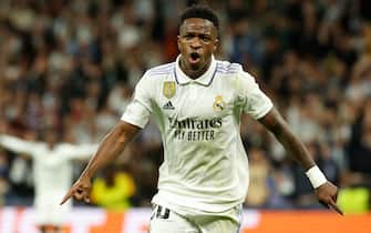 epa10570015 Real Madrid's Vinicius Jr reacts during the UEFA Champions League quarter final first leg soccer match between Real Madrid and Chelsea FC, in Madrid, Spain, 12 April 2023.  EPA/Chema Moya