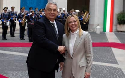 Italian Prime Minister Giorgia Meloni (R) welcomes Hungarian Prime Minister Viktor Orban (L) at the Chigi palace in Rome, Italy, 27 October 2025.  ANSA/MASSIMO PERCOSSI