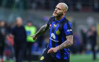 Federico Dimarco of FC Internazionale celebrates after scoring a goal during Serie A 2023/24 football match between FC Internazionale and Empoli FC at Giuseppe Meazza Stadium, Milan, Italy on April 01, 2024