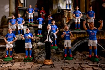 The terracotta statuettes of the Napoli players make up the 'blue nativity scene' created for the upcoming ''Scudetto party'' by the craftsman of San Gregorio Armeno Genny Di Virgilio, in Naples, Italy, 28 April 2023. SSC Napoli lead the Serie A, continuing their seemingly unstoppable march towards the title. ANSA / CIRO FUSCO