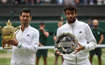 epa09337996 Novak Djokovic (L) of Serbia poses for a photo with the trophy after winning the men's final against Matteo Berrettini (R) of Italy at the Wimbledon Championships, Wimbledon, Britain 11 July 2021.  EPA/NEIL HALL   EDITORIAL USE ONLY