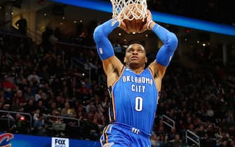 CLEVELAND, OH - JANUARY 20:  Russell Westbrook #0 of the Oklahoma City Thunder dunks the ball during the first quarter of the game against the Cleveland Cavaliers at Quicken Loans Arena on January 20, 2018 in Cleveland, Ohio. NOTE TO USER: User expressly acknowledges and agrees that, by downloading and or using this photograph, User is consenting to the terms and conditions of the Getty Images License Agreement. (Photo by Kirk Irwin/Getty Images)