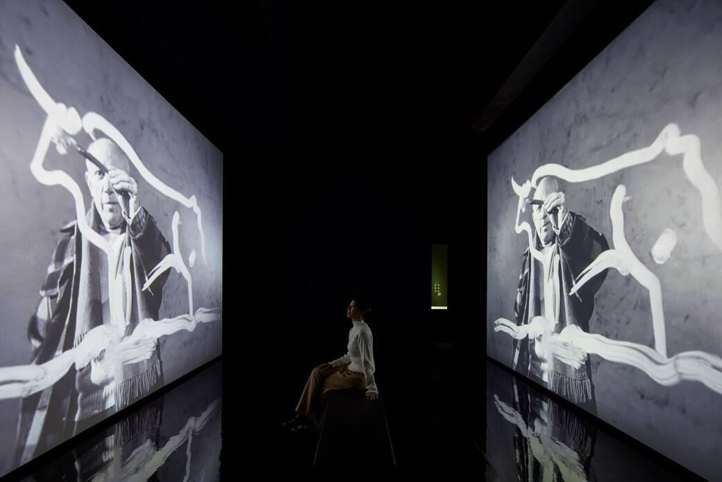 Installation view of The Hong Kong Jockey Club Series:Picasso for Asia–A Conversation, 2025 Photo:Lok Cheng Image courtesy of M+, Hong Kong © Visite à Picasso, a film directed by Paul Haesaerts, Production Art et Cinema, Copyright Eyeworks Film & Tv Drama