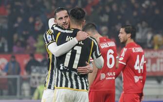 Juventus FC's mildfielder Adrien Rabiot and Juventus FC's mildfielder Filip Kostic celebrate following the Italian Serie A soccer match between AC Monza and Juventus FC at U-Power Stadium in Monza, Italy, 1 December 2023. ANSA / ROBERTO BREGANI