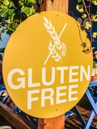 Gluten free logo, symbol, sign at a typical open air restaurant. Celiac diet. Close up