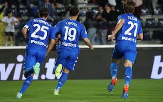 Empoli's forward Francesco Caputo (C) celebrates after scoring a goal during the Italian serie A soccer match Empoli FC vs Juventus Fc at Carlo Castellani Stadium in Empoli, Italy, 22 May 2023
ANSA/CLAUDIO GIOVANNINI