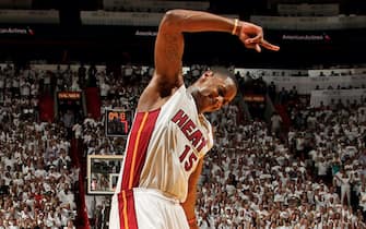 MIAMI, FL - JUNE 9: Mario Chalmers #15 of the Miami Heat celebrates after drawing a foul while making a layup, leading to a three-point play, against the San Antonio Spurs during Game Two of the 2013 NBA Finals on June 9, 2013 at American Airlines Arena in Miami, Florida. NOTE TO USER: User expressly acknowledges and agrees that, by downloading and or using this photograph, User is consenting to the terms and conditions of the Getty Images License Agreement. Mandatory Copyright Notice: Copyright 2013 NBAE (Photo by Issac Baldizon/NBAE via Getty Images)