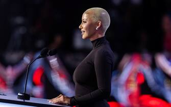 epa11480812 Rapper Amber Rose delivers remarks during the evening session on the opening day of the Republican National Convention (RNC) at the Fiserv Forum in Milwaukee, Wisconsin, USA, 15 July 2024. The convention comes just a few days after a 20-year-old Pennsylvania man attempted to assassinate former president and current Republic presidential nominee Donald Trump. The RNC is being held 15 to 18 July 2024 and is where delegates from the Republican Party select their nominees for president and vice president in the 2024 US presidential election.  EPA/JIM LO SCALZO