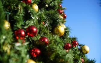 Gold and red baubles on a large Christmas tree outside on a sunny day against a blue sky.