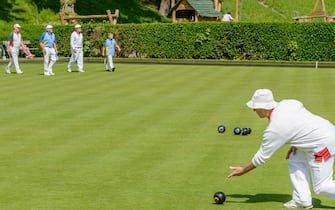 Elderly lady bowling on a bowling green in the UK.