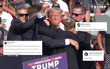 BUTLER, PENNSYLVANIA, UNITED STATES - JULY 13: (----EDITORIAL USE ONLY - MANDATORY CREDIT - 'TRUMP CAMPAIGN OFFICE / HANDOUT' - NO MARKETING NO ADVERTISING CAMPAIGNS - DISTRIBUTED AS A SERVICE TO CLIENTS----) A screen grab captured from a video shows Republican presidential candidate former President Donald Trump appears to be injured after gunshots were reported as he is rushed offstage during a rally on July 13, 2024 in Butler, Pennsylvania. Trump was seen bloodied on his right ear as he was being evacuated from the stage, according to social media footage. (Photo by Trump Campaign Office / Handout/Anadolu via Getty Images)