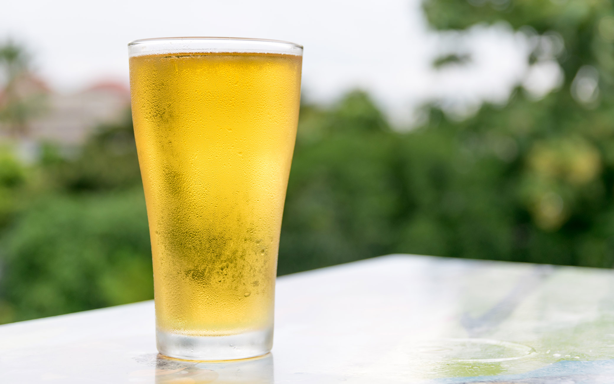 Beer golden white bubbles in the glass.