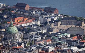 COPENHAGEN, DENMARK - AUGUST 18: An aerial view of the Amalienborg Palace, the Equestrian Statue and Frederik's Church on August 18, 2022 in Copenhagen, Denmark. (Photo by David Gray/Getty Images)