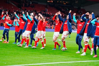 epa10981625 Danish players celebrates after winning the UEFA Euro 2024 second round Group H qualifying match between Denmark and Slovenia at Parken Stadium in Copenhagen, Denmark, 17 November 2023.  EPA/Liselotte Sabroe  DENMARK OUT