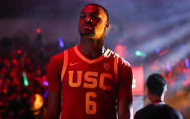 LOS ANGELES, CALIFORNIA - OCTOBER 19: Bronny James #6 of the USC Trojans looks on at the Trojan HoopLA event at Galen Center on October 19, 2023 in Los Angeles, California. (Photo by Meg Oliphant/Getty Images)