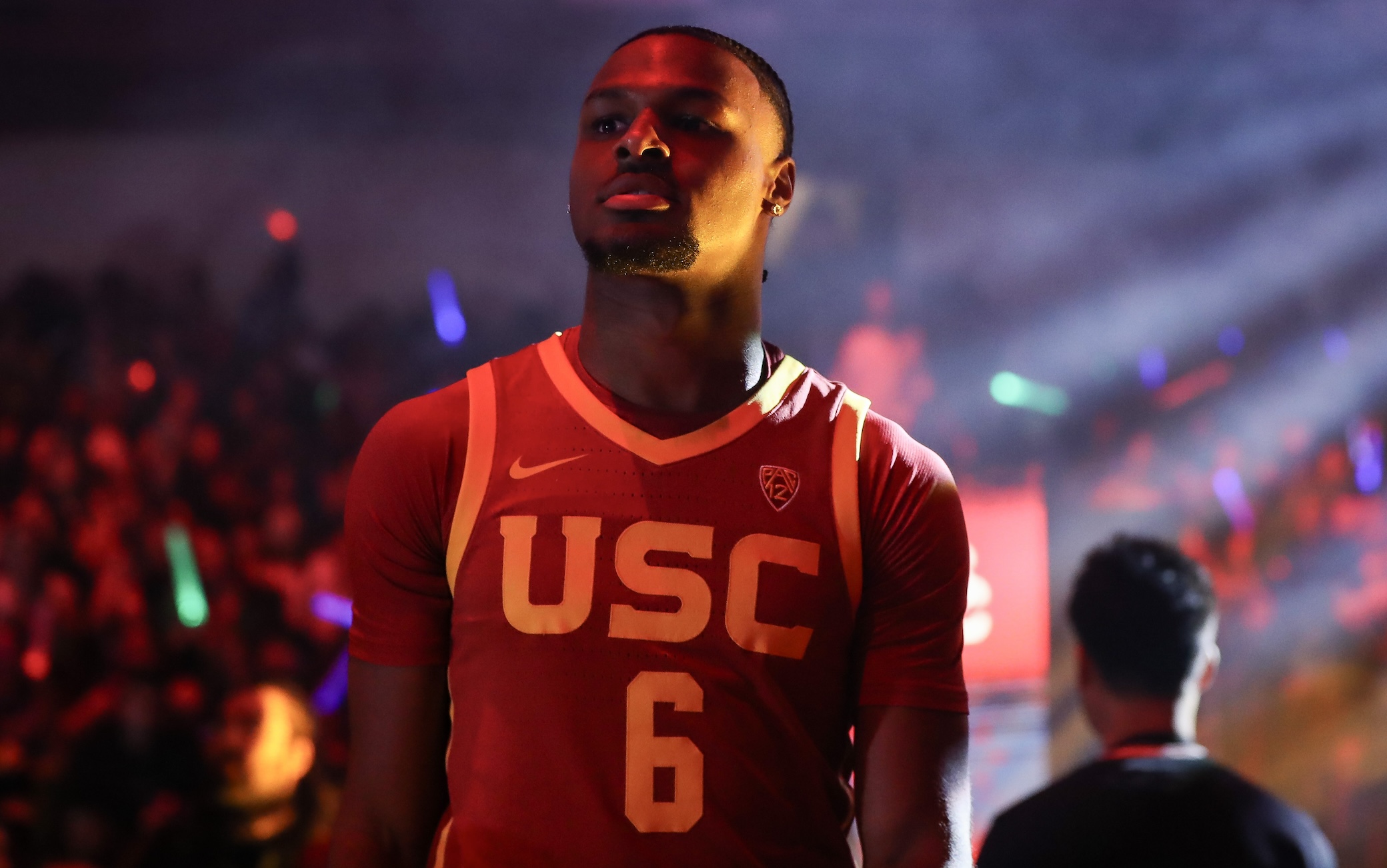 LOS ANGELES, CALIFORNIA - OCTOBER 19: Bronny James #6 of the USC Trojans looks on at the Trojan HoopLA event at Galen Center on October 19, 2023 in Los Angeles, California. (Photo by Meg Oliphant/Getty Images)