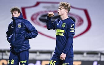 Westerlo's Arthur Piedfort celebrates after a soccer match between Royal Antwerp FC and KVC Westerlo, on day 19 of the 2023-2024 season of the 'Jupiler Pro League' first division of the Belgian championship, in Antwerp Saturday 23 December 2023. BELGA PHOTO TOM GOYVAERTS (Photo by Tom Goyvaerts/Belga/Sipa USA)