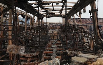 VINA DEL MAR, CHILE - FEBRUARY 3: A view of damage as bus are destroyed after a forest fire that affected the hills of Vina del Mar, Chile, on February 3, 2024. According to authorities, the fire has destroyed more than 1,000 homes and left at least 20 dead. (Photo by Lucas Aguayo Araos/Anadolu via Getty Images)