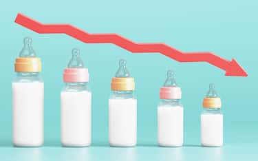 Fertility decline concept. Depopulation, demographic crisis. Baby bottles in the form of graph and down arrow. 3d illustration.
