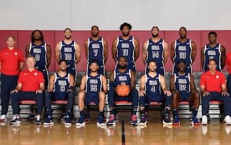 LAS VEGAS, NV - JULY 8: The USA Basketball Men’s Team pose for a portrait during USAB Men's Training Camp in Las Vegas on July 8, 2024 in Las Vegas Nevada. NOTE TO USER: User expressly acknowledges and agrees that, by downloading and/or using this Photograph, user is consenting to the terms and conditions of the Getty Images License Agreement. Mandatory Copyright Notice: Copyright 2024 NBAE (Photo by Brian Babineau/NBAE via Getty Images)