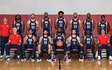 LAS VEGAS, NV - JULY 8: The USA Basketball Men’s Team pose for a portrait during USAB Men's Training Camp in Las Vegas on July 8, 2024 in Las Vegas Nevada. NOTE TO USER: User expressly acknowledges and agrees that, by downloading and/or using this Photograph, user is consenting to the terms and conditions of the Getty Images License Agreement. Mandatory Copyright Notice: Copyright 2024 NBAE (Photo by Brian Babineau/NBAE via Getty Images)