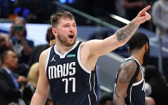DALLAS, TEXAS - JUNE 12: Luka Dončić #77 of the Dallas Mavericks reacts after fouling out in the fourth quarter against the Boston Celtics in Game Three of the 2024 NBA Finals at American Airlines Center on June 12, 2024 in Dallas, Texas. NOTE TO USER: User expressly acknowledges and agrees that, by downloading and or using this photograph, User is consenting to the terms and conditions of the Getty Images License Agreement. (Photo by Stacy Revere/Getty Images)