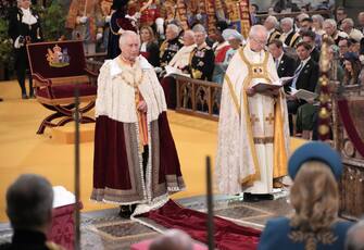 LONDON, ENGLAND - MAY 06: King Charles III takes part in his and Queen Camilla's coronation ceremony at Westminster Abbey on May 6, 2023 in London, England. The Coronation of Charles III and his wife, Camilla, as King and Queen of the United Kingdom of Great Britain and Northern Ireland, and the other Commonwealth realms takes place at Westminster Abbey today. Charles acceded to the throne on 8 September 2022, upon the death of his mother, Elizabeth II. (Photo by Jonathan Brady - WPA Pool/Getty Images)