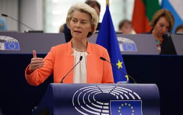 epa10858044 European Commission President Ursula von der Leyen during the debate on the  state of the European Union  at the European Parliament in Strasbourg, France, 13 September 2023. The session runs from 11 till 14 September.  EPA/JULIEN WARNAND
