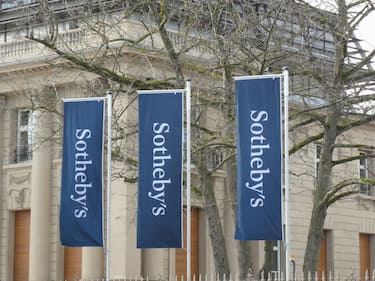 23 January 2022, North Rhine-Westphalia, Cologne: Flags in front of the Cologne branch of Sotheby s auction house in the Palais du Rhin, also called Palais or Villa Oppenheim, a palatial neo-rococo building built in 1908 in the Bayenthal district of Cologne. Sotheby's headquarters in Germany Photo: Horst Galuschka/dpa (Photo by Horst Galuschka/picture alliance via Getty Images)