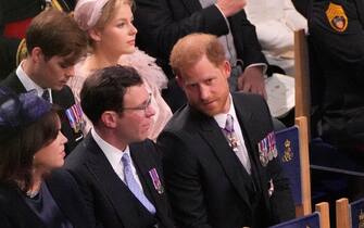 (left to right) Princess Eugenie, Jack Brooksbank and the Duke of Sussex at the coronation ceremony of King Charles III and Queen Camilla in Westminster Abbey, London. Picture date: Saturday May 6, 2023.
