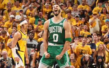 INDIANAPOLIS, IN - MAY 25: Jayson Tatum #0 of the Boston Celtics celebrates during the game against the Indiana Pacers during Game 3 of the Eastern Conference Finals of the 2024 NBA Playoffs on May 25, 2024 at Gainbridge Fieldhouse in Indianapolis, Indiana. NOTE TO USER: User expressly acknowledges and agrees that, by downloading and or using this Photograph, user is consenting to the terms and conditions of the Getty Images License Agreement. Mandatory Copyright Notice: Copyright 2024 NBAE (Photo by Nathaniel S. Butler/NBAE via Getty Images)