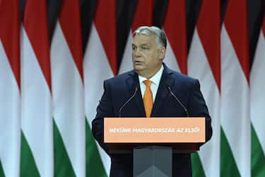 epa10983028 Hungarian Prime Minister Viktor Orban delivers his speech after he was re-elected as party president at the election of officials congress of the ruling Hungarian Fidesz party, during the 30th congress of Fidesz in Budapest, Hungary, 18 November 2023.  EPA/Szilard Koszticsak HUNGARY OUT