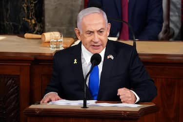 epaselect epa11494581 Prime Minister of Israel Benjamin Netanyahu delivers an address to a joint meeting of Congress in the chamber of the US House of Representatives on Capitol Hill in Washington, DC, USA, 24 July 2024. Netanyahu's address to a joint meeting of the US Congress comes amid a close 2024 US presidential election cycle. Thousands of pro-Palestinian protesters were expected to gather near the US Capitol when Netanyahu becomes the first leader to address the US Congress four times.  EPA/WILL OLIVER