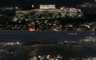 (COMBO) This combination of pictures created on March 23, 2024 shows (Top) a view of the ancient Acropolis with lights on before the Earth Hour environmental campaign in Athens on March 23, 2024, and (Bottom) a view of the ancient Acropolis with lights off during the Earth Hour environmental campaign in Athens on March 23, 2024. Earth Hour is a global call to turn off lights for one hour in a bid to highlight the global climate change. (Photo by Aris MESSINIS / AFP)