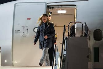 Italy's Prime Minister Giorgia Meloni (C) disembarks from her plane upon her late night arrival at Hiroshima airport in Mihara, Hiroshima prefecture, ahead of the G7 Leaders' Summit, early on May 18, 2023. (Photo by Yuichi YAMAZAKI / AFP) (Photo by YUICHI YAMAZAKI/AFP via Getty Images)