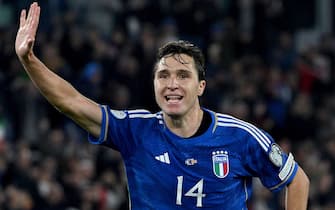 Italy's Federico Chiesa celebrates after scoring the 2-0 goal during the UEFA EURO 2024 group C qualifying soccer match between Italy and North Macedonia at the Olimpico Stadium in Rome, Italy, 17 November 2023.  ANSA/ETTORE FERRARI
