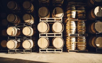 Barrels in distillery
