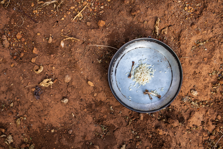 A plate with a little rice and chicken bones on dry, red desert earth, in Rwanda, during the 2016 food crisis in East-Africa caused by El Nino.