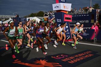 Runners compete in the Women's division during the 52nd Edition of the New York City Marathon on November 5, 2023. (Photo by ANGELA WEISS / AFP) (Photo by ANGELA WEISS/AFP via Getty Images)