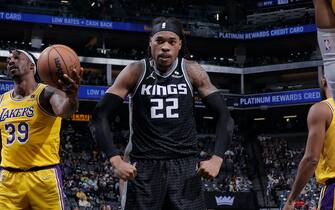 SACRAMENTO, CA - NOVEMBER 30: Richaun Holmes #22 of the Sacramento Kings celebrates during the game against the Los Angeles Lakers on November 30, 2021 at Golden 1 Center in Sacramento, California. NOTE TO USER: User expressly acknowledges and agrees that, by downloading and or using this Photograph, user is consenting to the terms and conditions of the Getty Images License Agreement. Mandatory Copyright Notice: Copyright 2021 NBAE (Photo by Rocky Widner/NBAE via Getty Images)