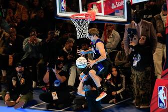 INDIANAPOLIS, INDIANA - FEBRUARY 17: Mac McClung #0 of the Osceola Magic participates in the 2024 AT&T Slam Dunk contest during the State Farm All-Star Saturday Night at Lucas Oil Stadium on February 17, 2024 in Indianapolis, Indiana. NOTE TO USER: User expressly acknowledges and agrees that, by downloading and or using this photograph, User is consenting to the terms and conditions of the Getty Images License Agreement. (Photo by Justin Casterline/Getty Images)