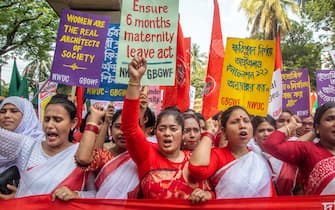 epa11311717 Members of a labor rights organization shout slogans as they take part in a rally marking International Workers' Day, or May Day, in Dhaka, Bangladesh, 01 May 2024.  EPA/MONIRUL ALAM